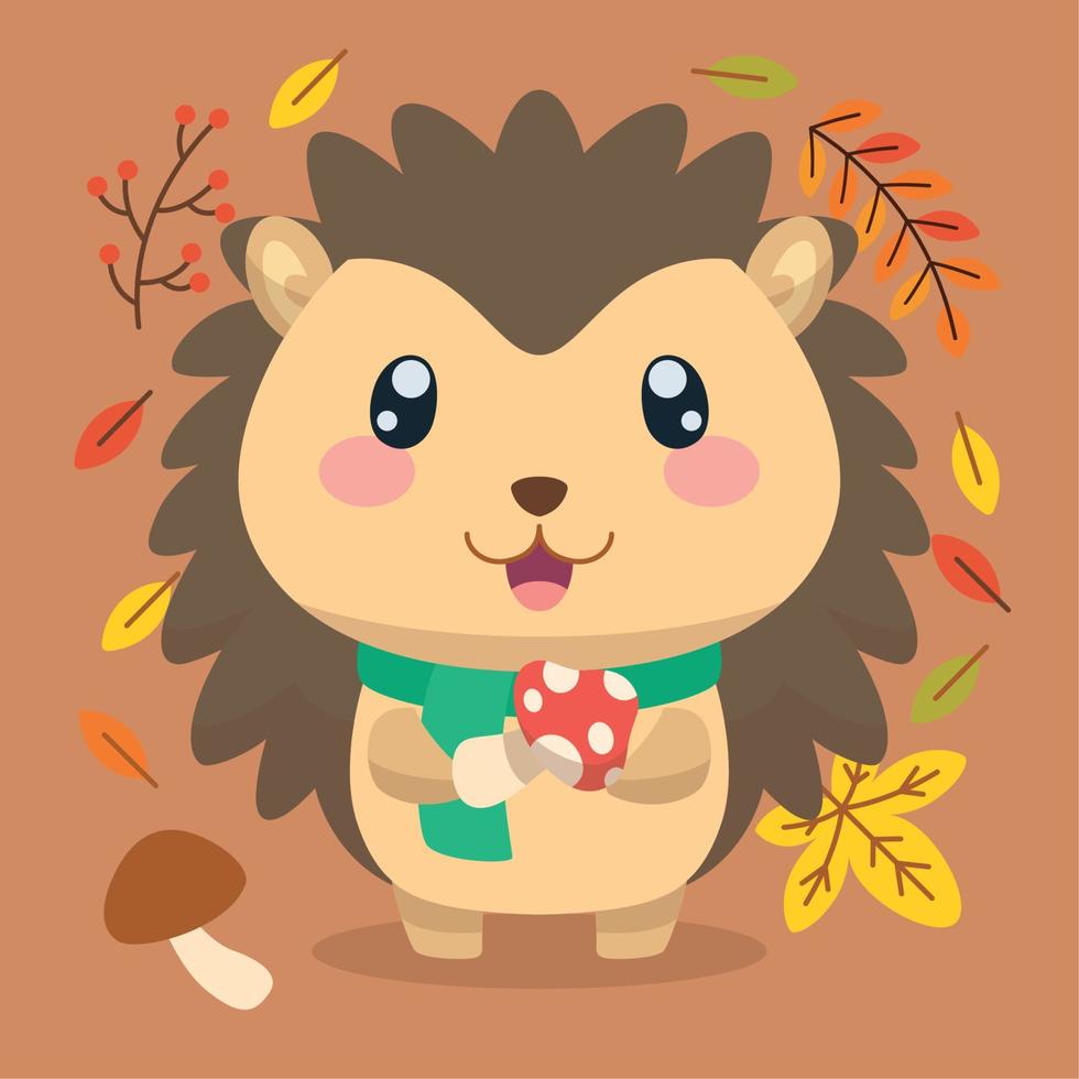 personaje de erizo lindo aislado sosteniendo un vector de otoño de hongo