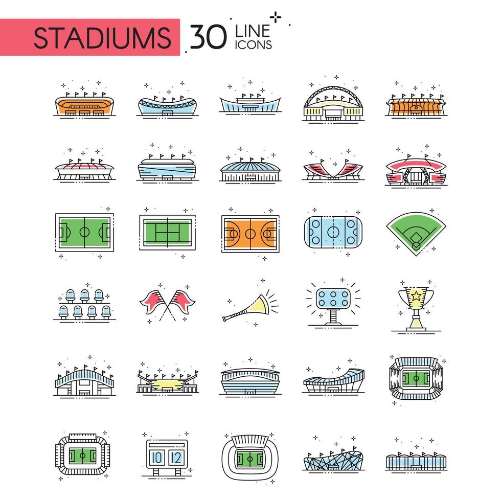 conjunto de estadios deportivos y vectores de iconos de equipos