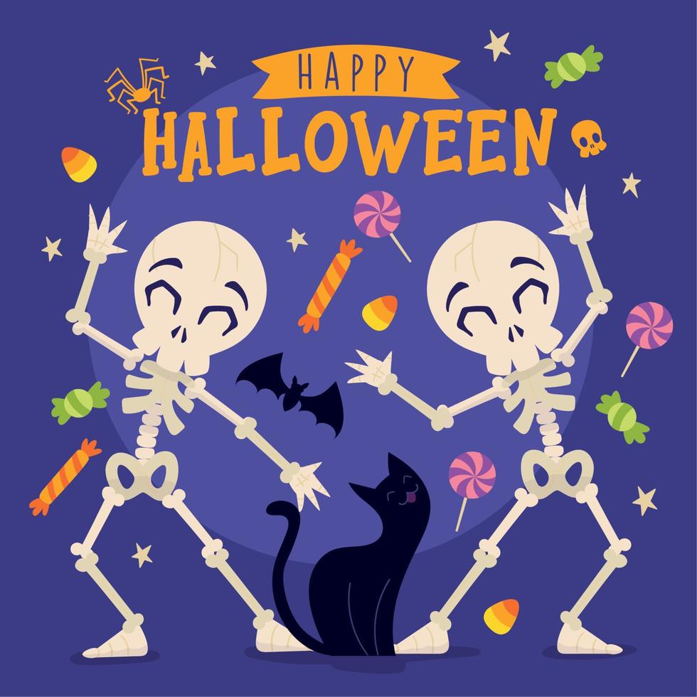 Colored halloween poster pair of skeletons celebrating Vector