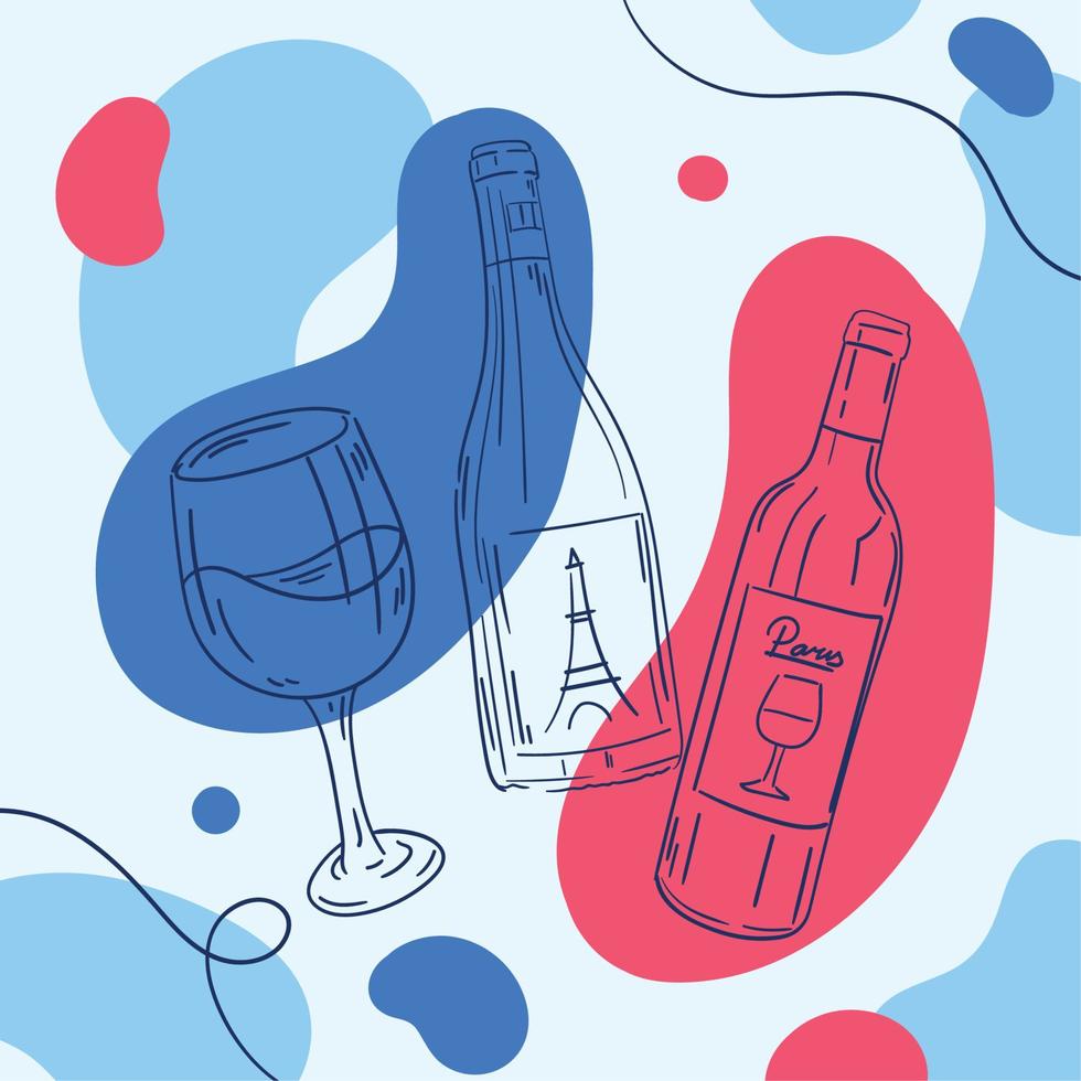 esquema de cartel de color francia de botellas de vino y vector de vidrio