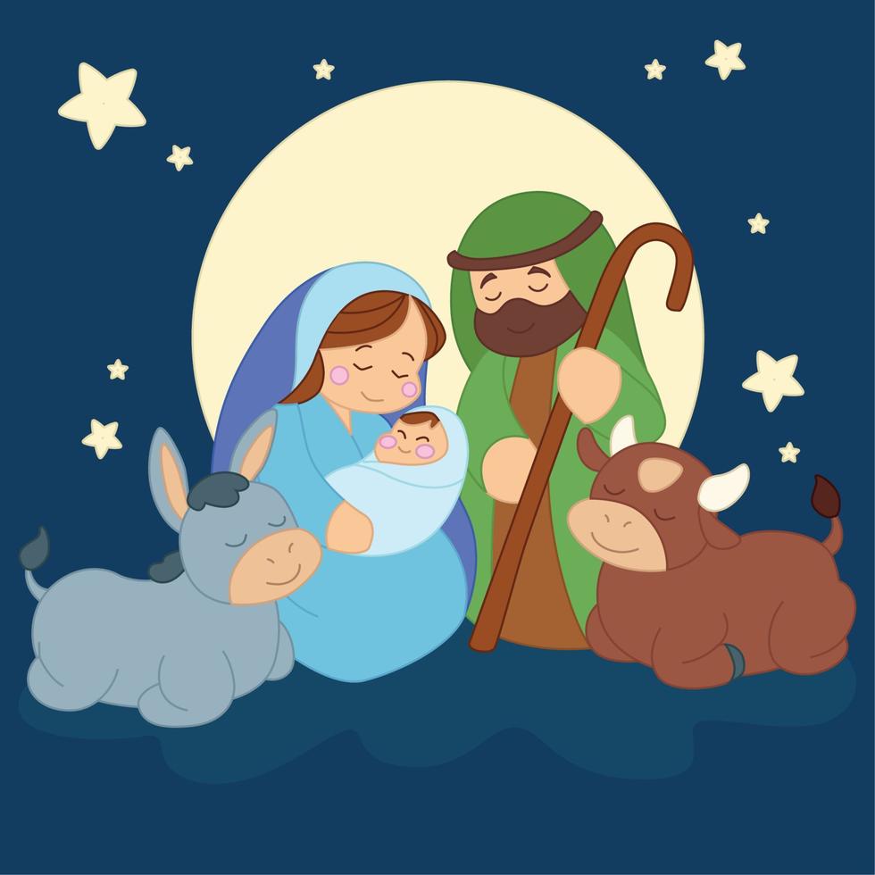 dibujos animados de personajes de la natividad sobre el cielo con un vector de luna llena