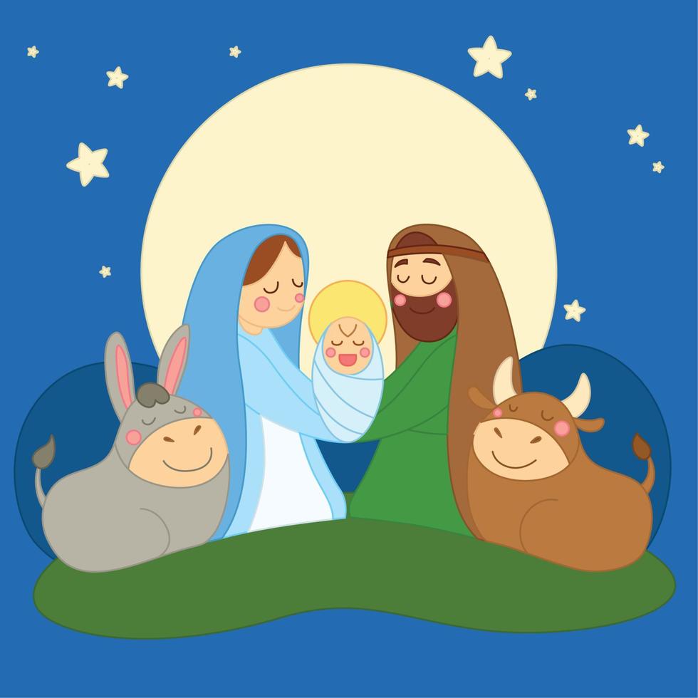 escena de la natividad dibujos animados en la noche niño jesús vector josé y maría