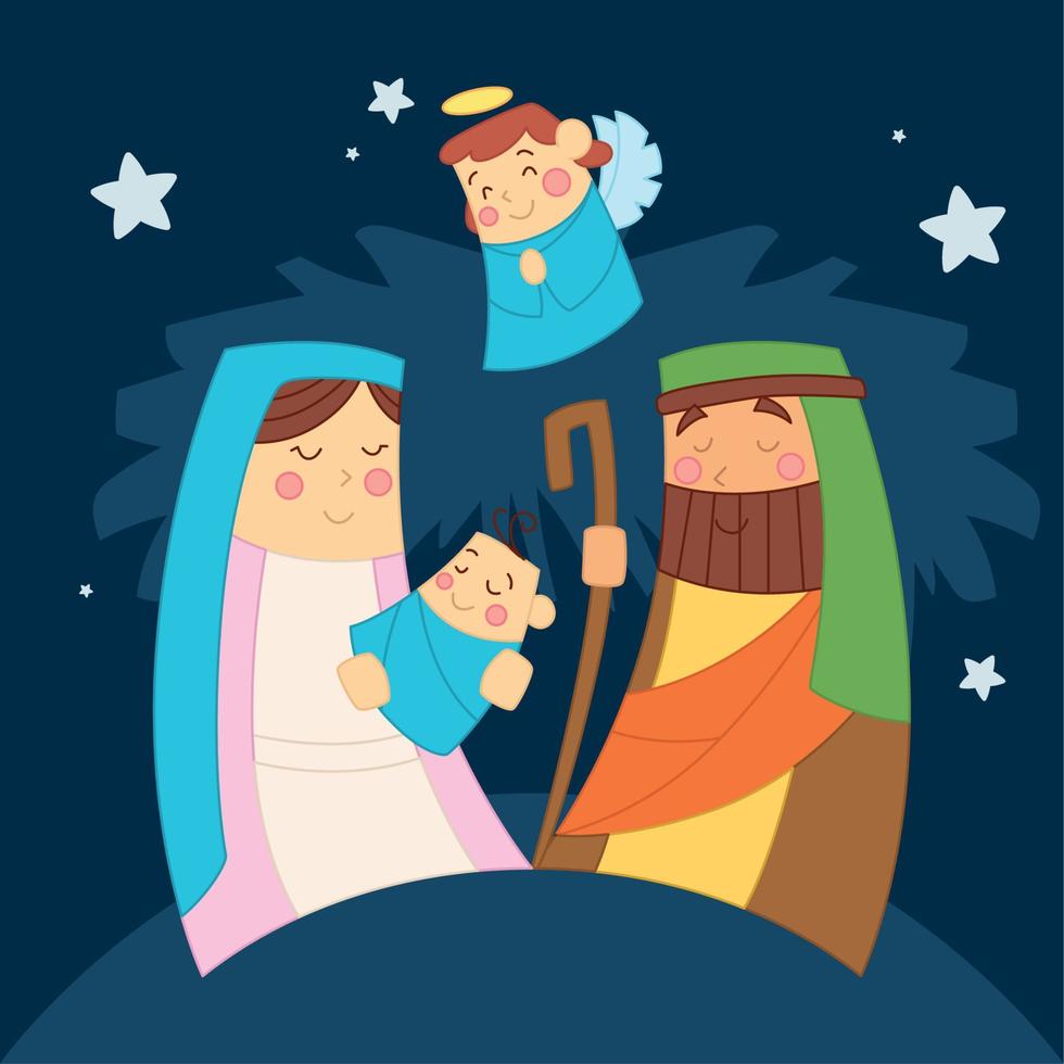 Child Jesus Joseph and Mary Cute angel Nativity scene cartoon Vector