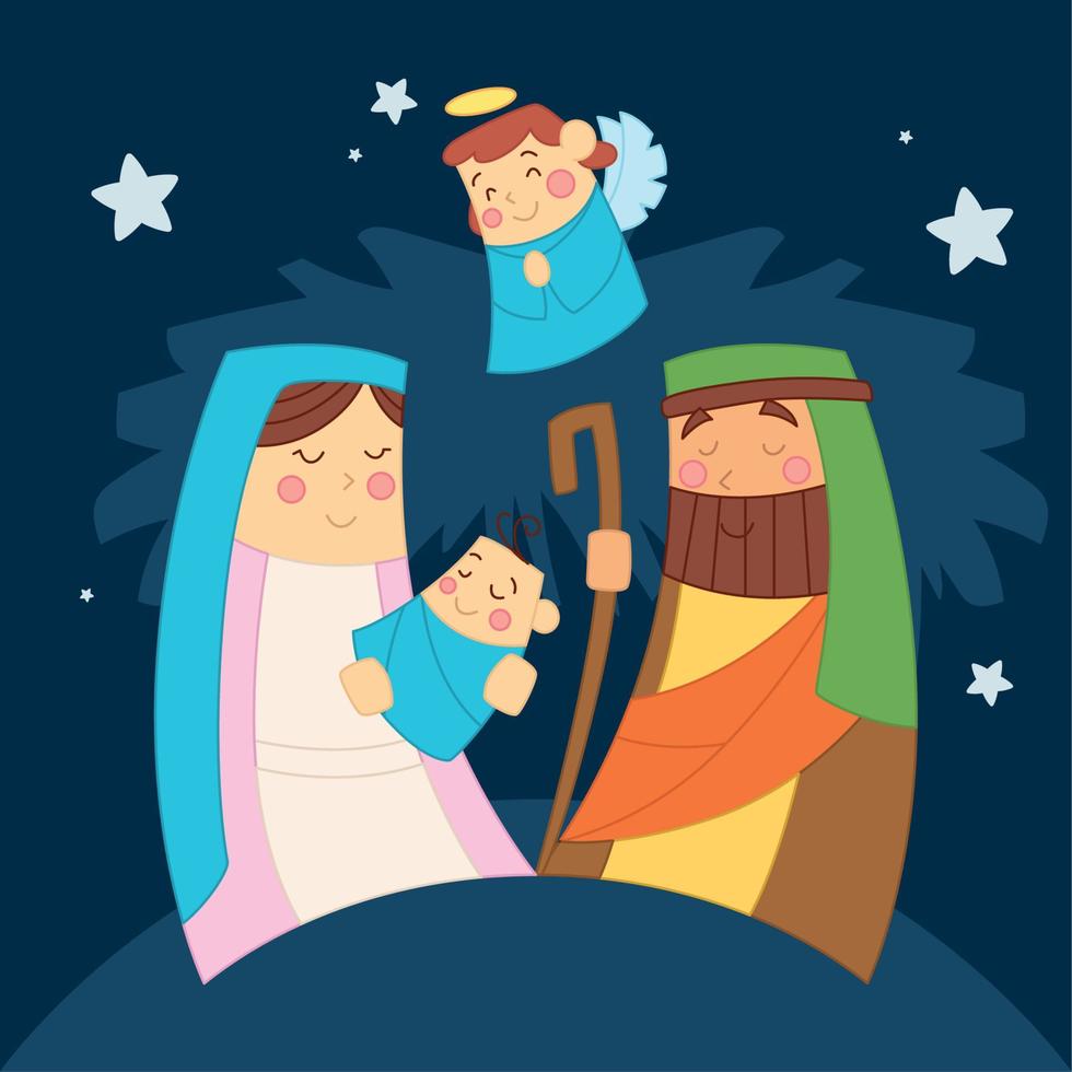 niño jesús josé y maría lindo ángel escena de la natividad vector de dibujos animados