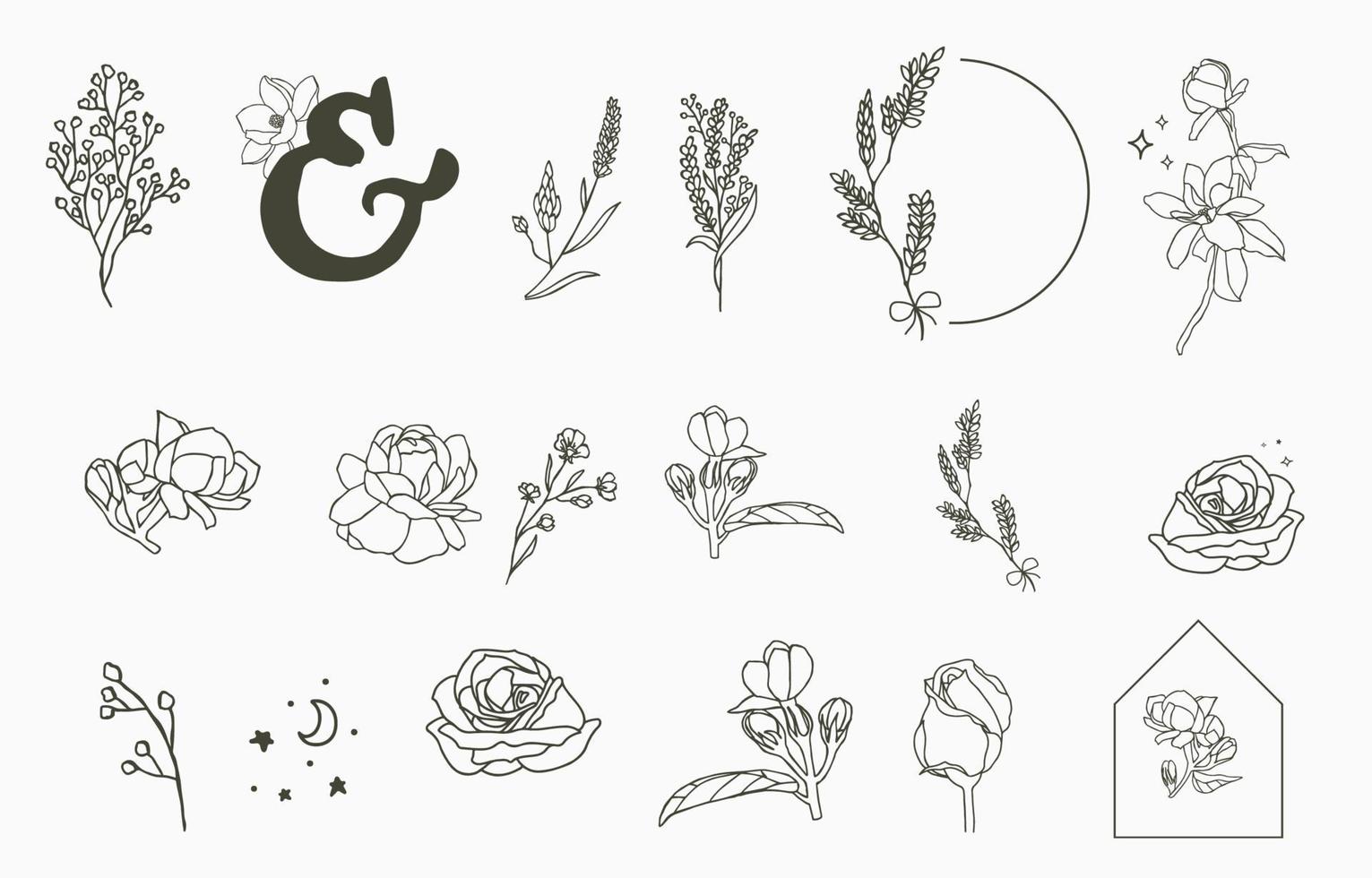 flower and hand outline element collection in simple style vector