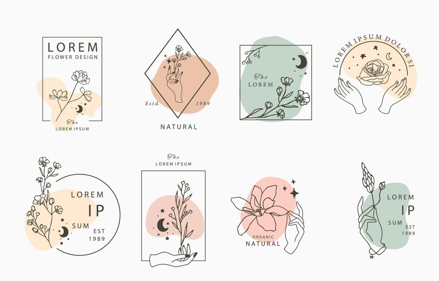 flower and hand outline element collection in simple style with square and circle shape vector