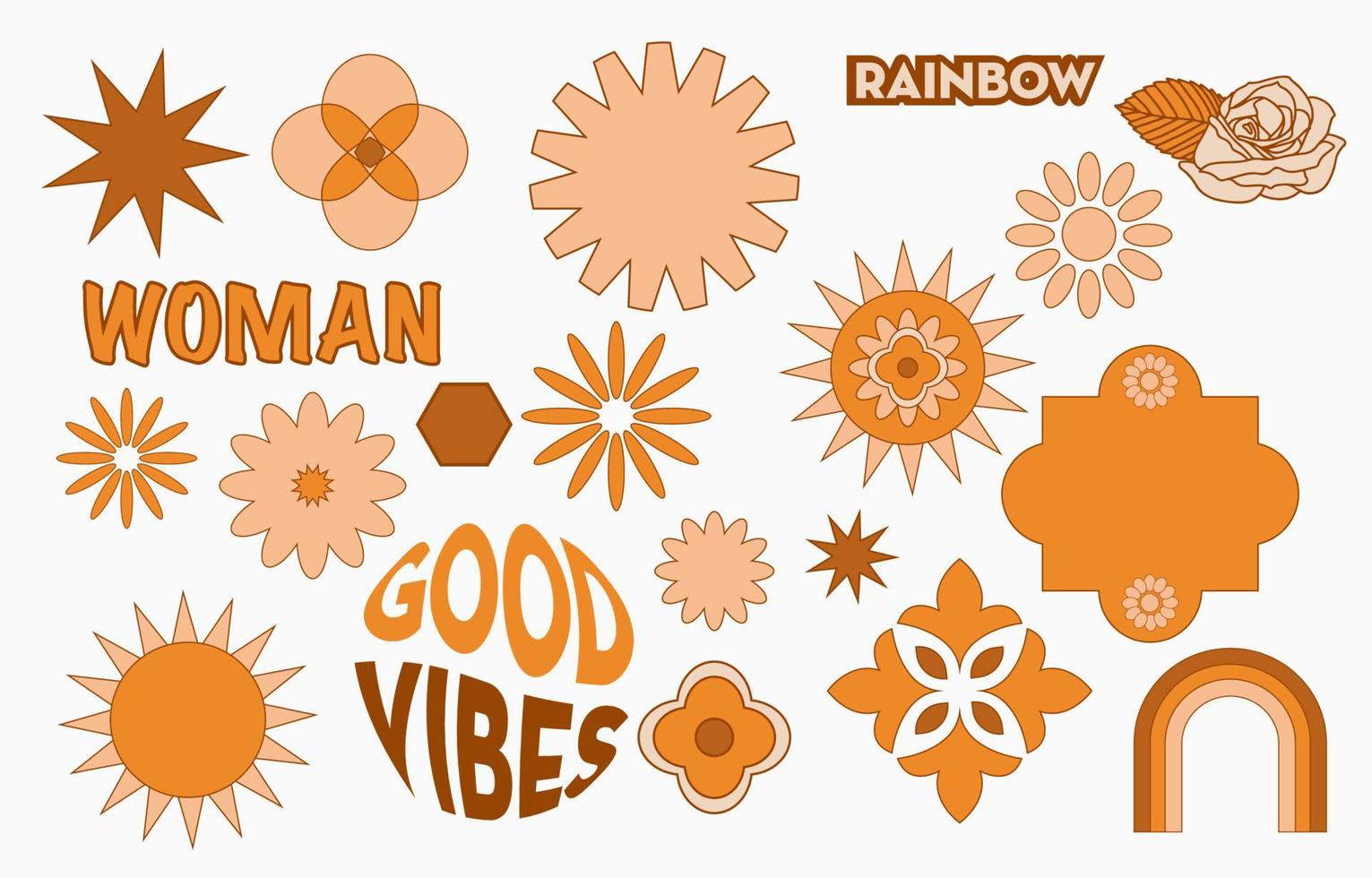 Collection of hippie design with orange flower,sun,rainbow vector