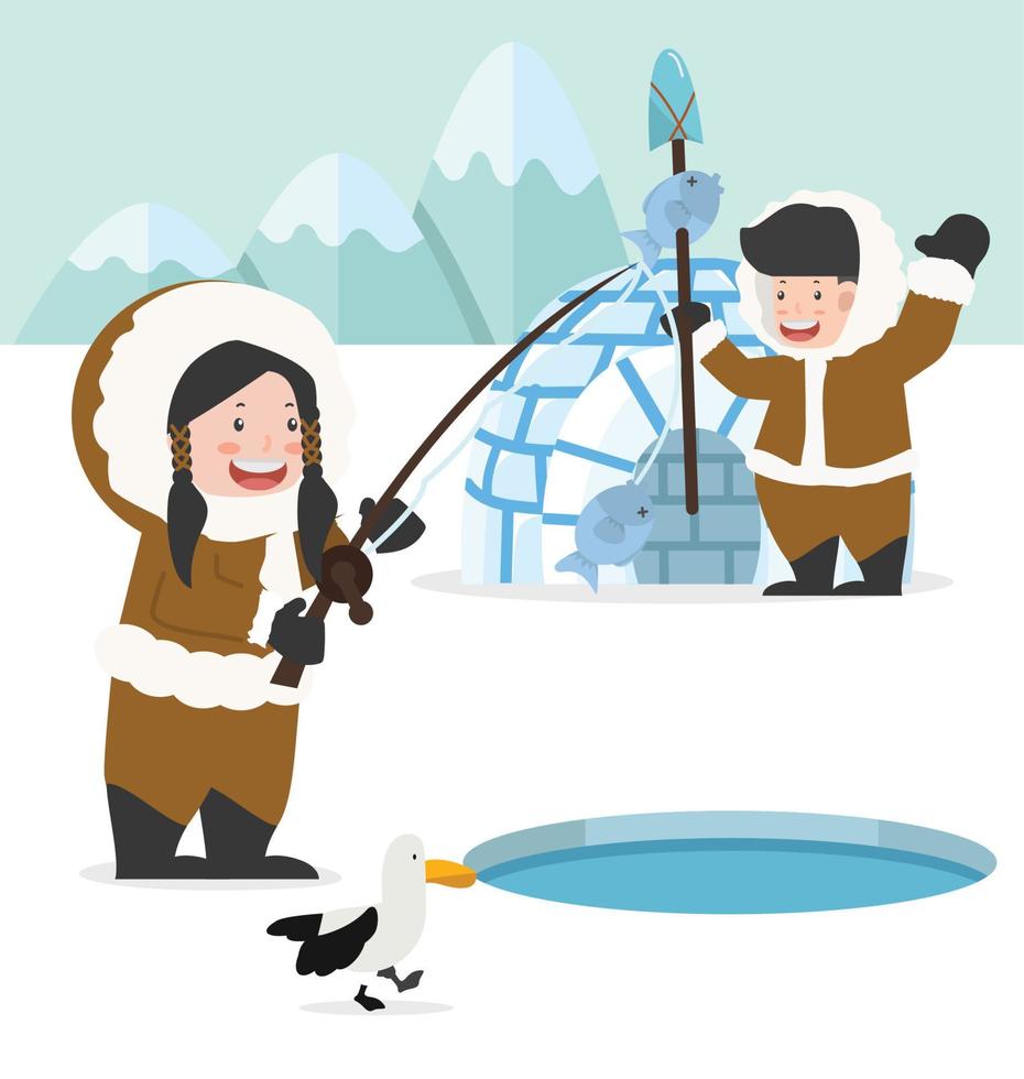 Eskimo fishing with igloo ice house winter vector