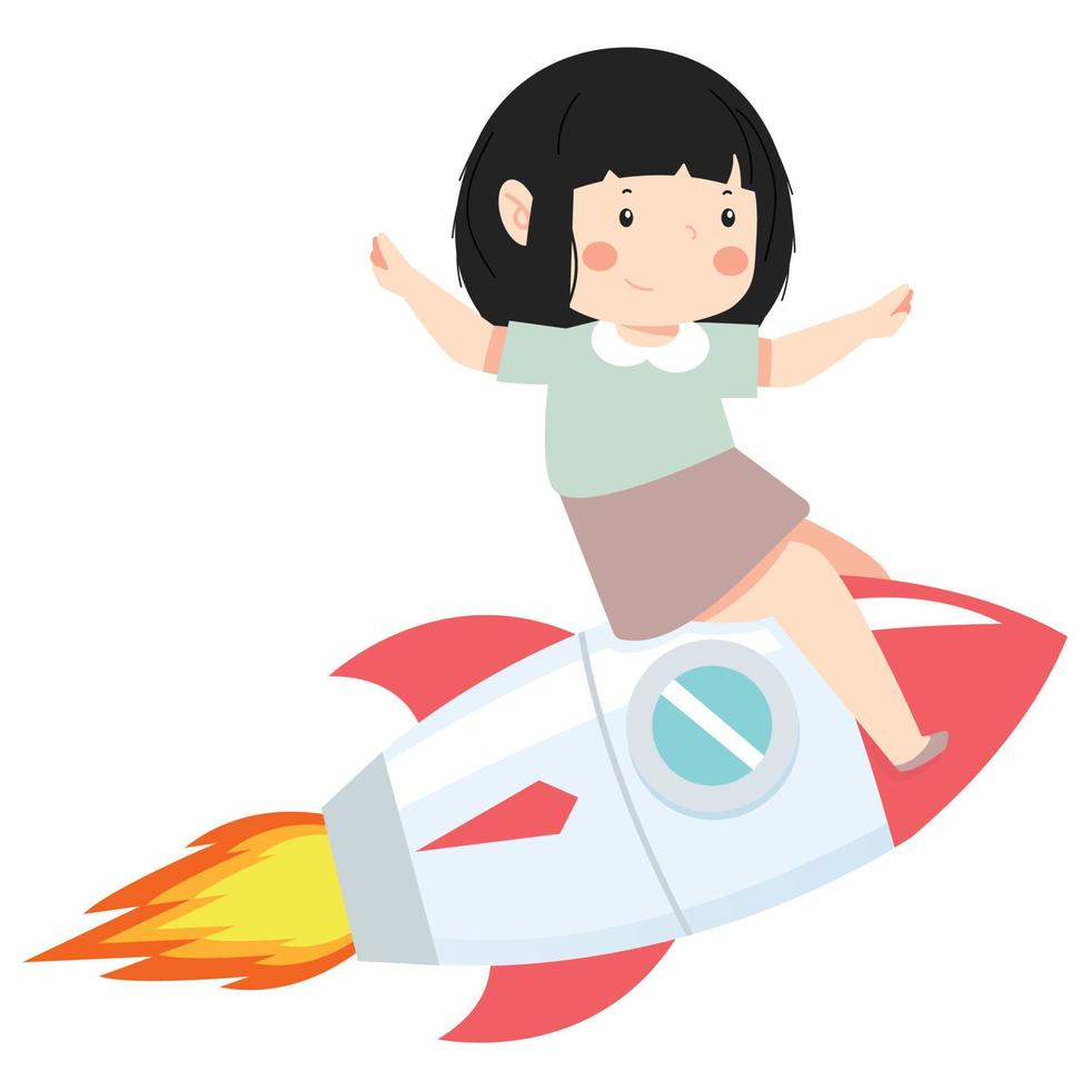 niña feliz montando un cohete vector