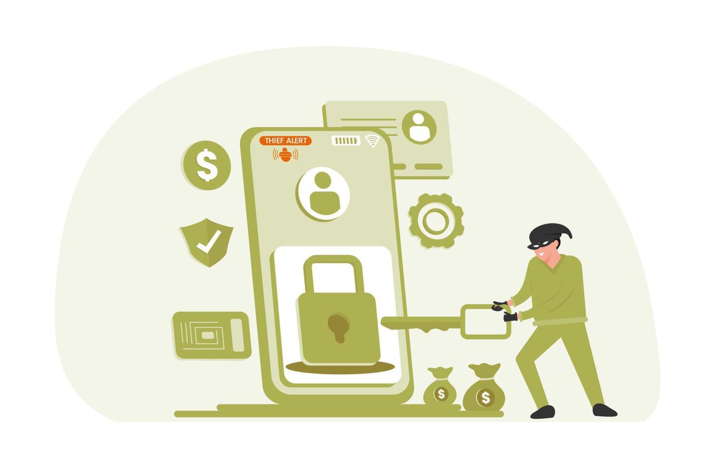 Ilustration of a thief about to break into cellphone security vector