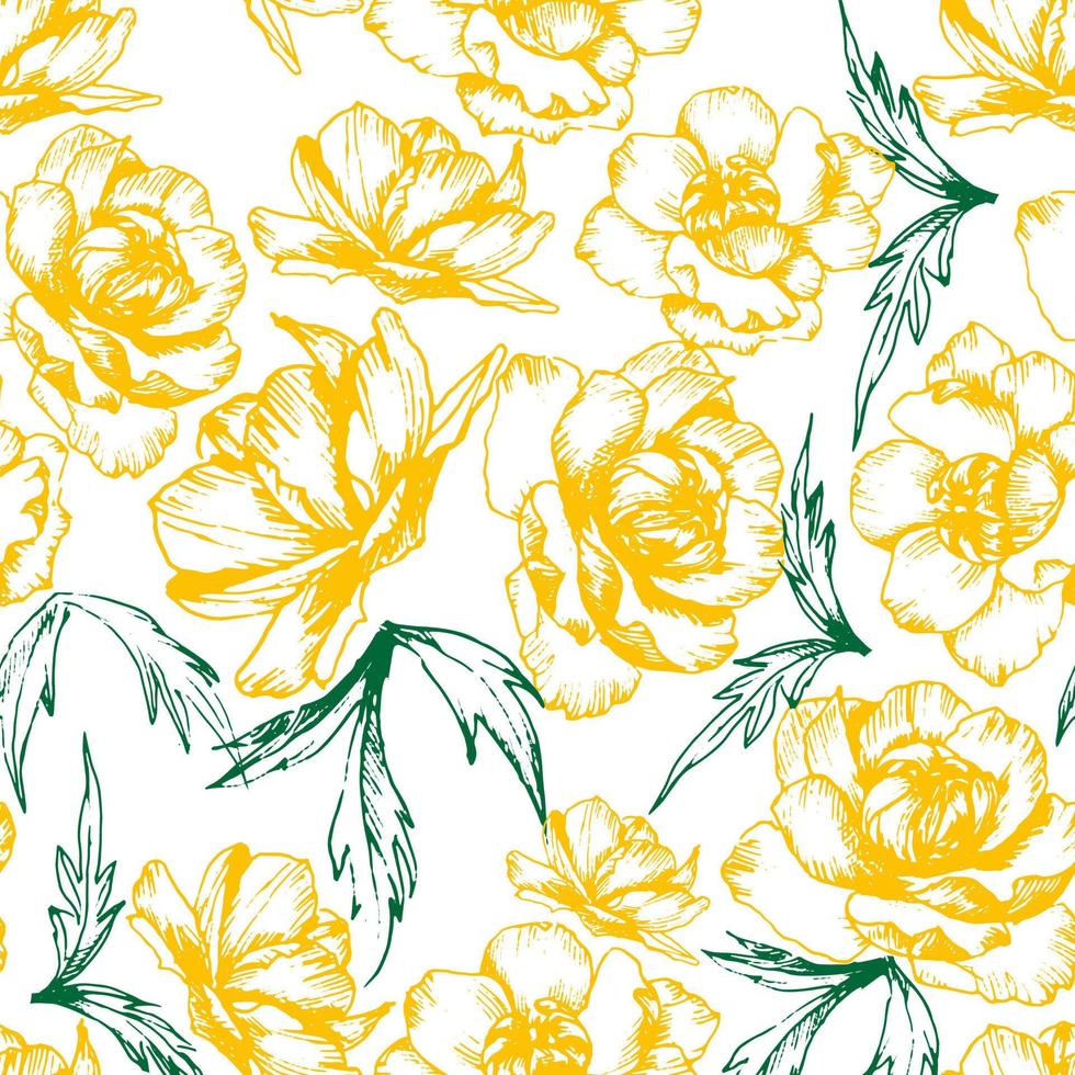 Botanical vector seamless pattern with hand-drawn yellow flowers. All elements are isolated for easy editing. Texture for ceramic tile, wallpapers, wrapping gifts, textile print.