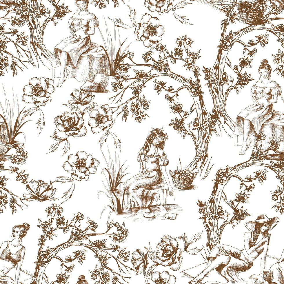 Seamless pattern in toile de jouy style in brown color. Different hand-drawn compositions with women. Texture for ceramic tile, wallpapers, wrapping gifts, web page backgrounds. Vector illustration