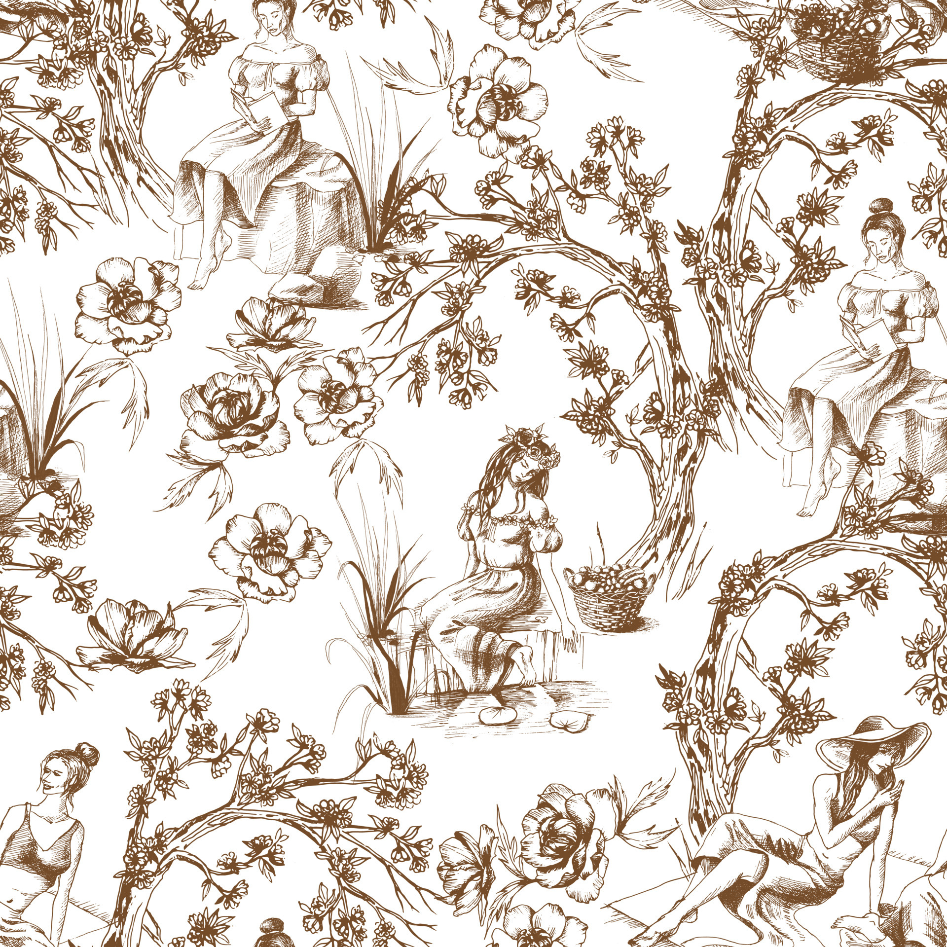 Seamless pattern in toile de jouy style in brown color. Different hand