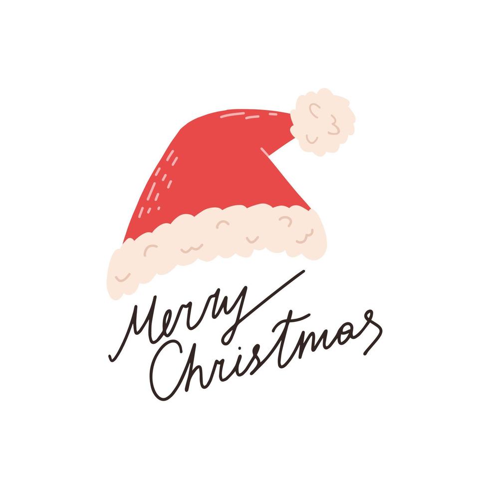Santa Claus hat and Merry Christmas hand drawn text, flat vector illustration isolated on white background. Winter holidays greeting card design in cartoon style with lettering.