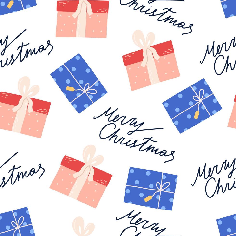 Cute Christmas seamless pattern with gift boxes and hand drawn text, flat vector illustration on white background. Great for wrapping paper or textile.