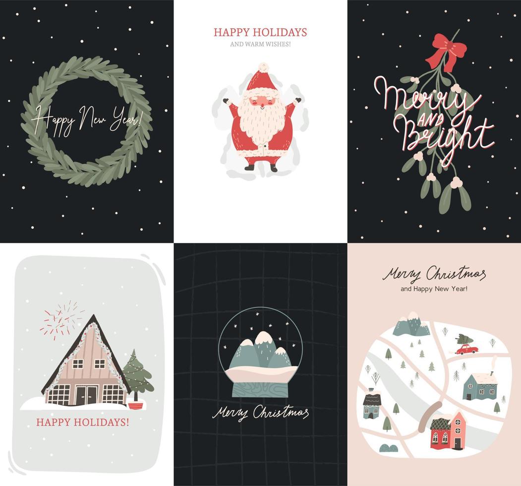 Set of elegant Christmas and New Year greeting cards, flat vector illustration. Holiday wreath, Santa Claus, village, house and snow globe. Cute scandinavian posters.