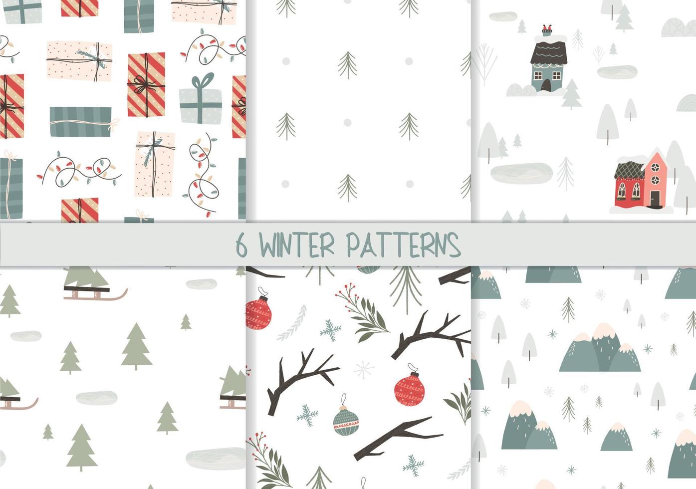 Set of cute winter and Christmas seamless patterns, hand drawn flat vector illustration. Gift boxes, trees, houses, villages and Christmas ornaments. Simple scandinavian patterns with texture.