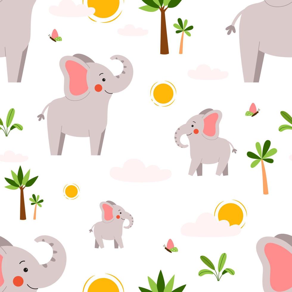 Funny grey elephants in seamless vector pattern