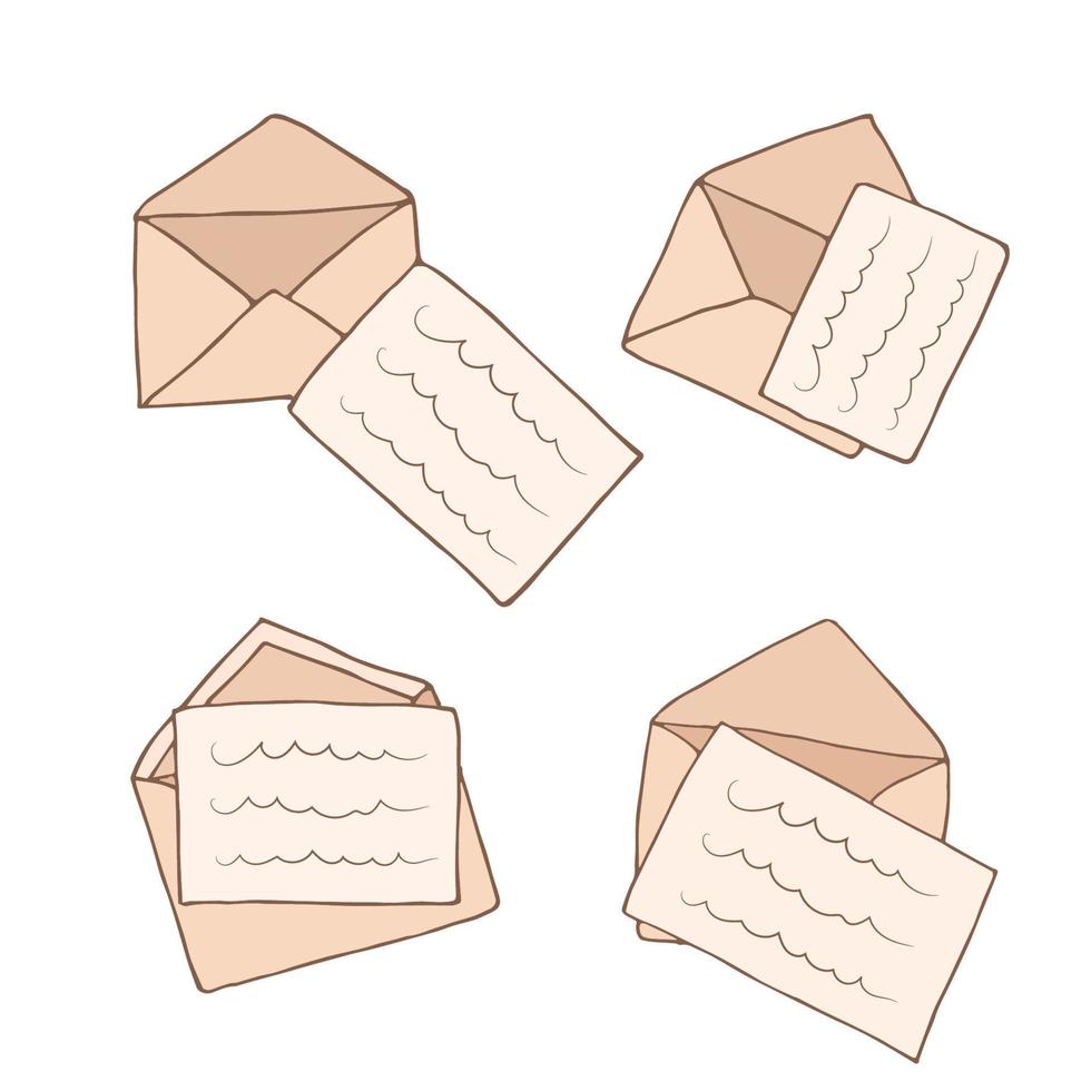 Open envelope doodle icon set. Vector cartoon illustration with sketch letter
