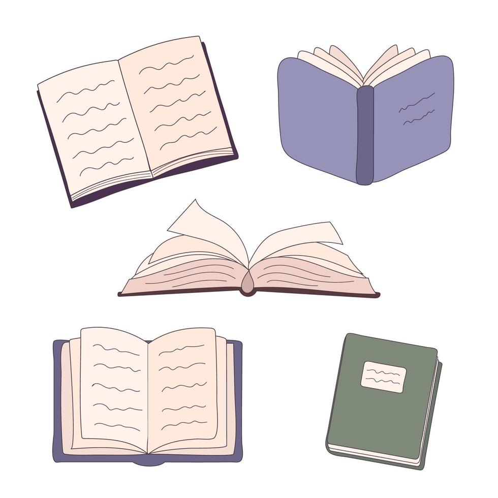 conjunto de ilustraciones de bocetos de libros escolares abiertos y cerrados. colección de iconos de doodle de cuaderno vector