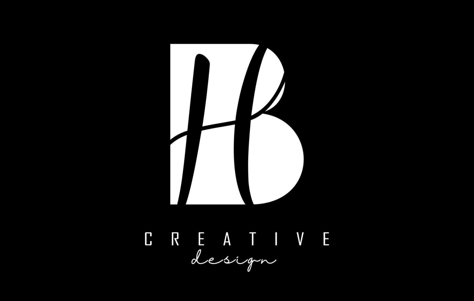 Black and white BH Letters logo with negative space. Letters B and H with geometric and handwritten typography. vector