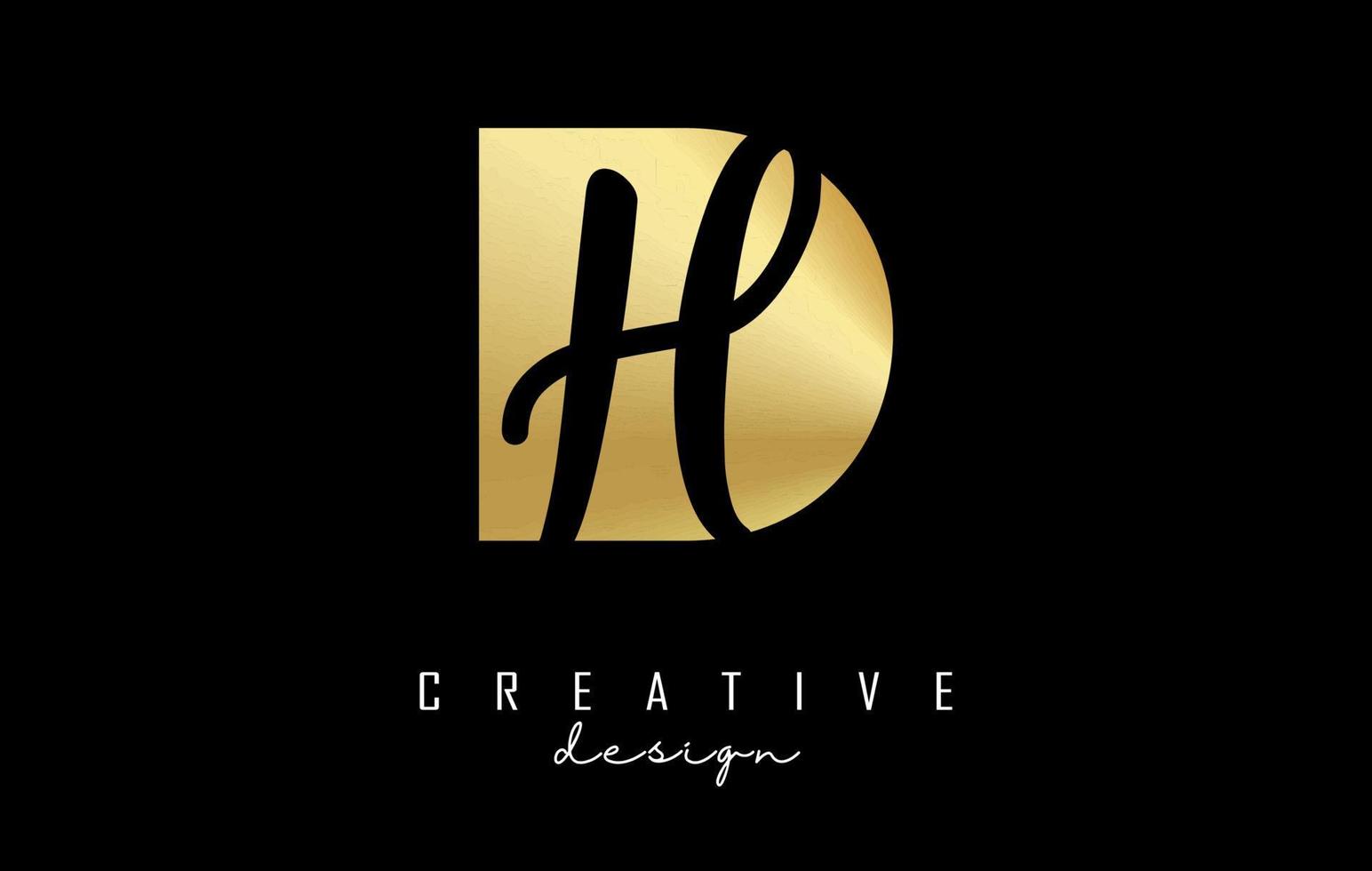 Golden letters DH logo with a minimalist design and negative space. Letters D and H with geometric and handwritten typography. vector