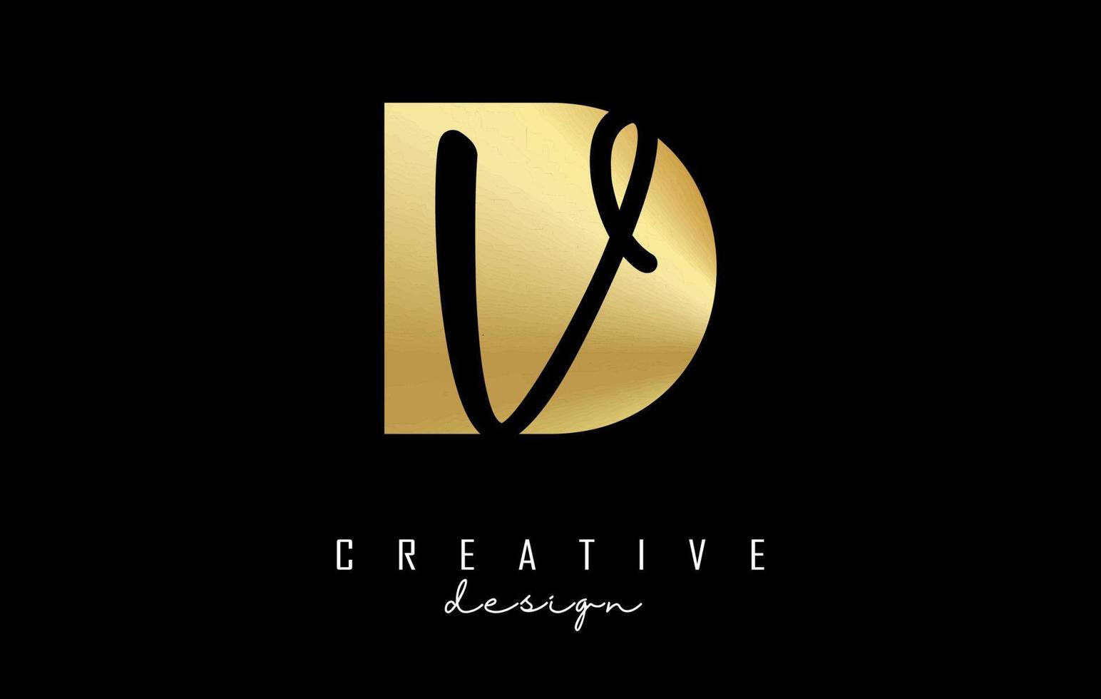 Golden letters DV logo with a minimalist design and negative space. Letters D and V with geometric and handwritten typography. vector