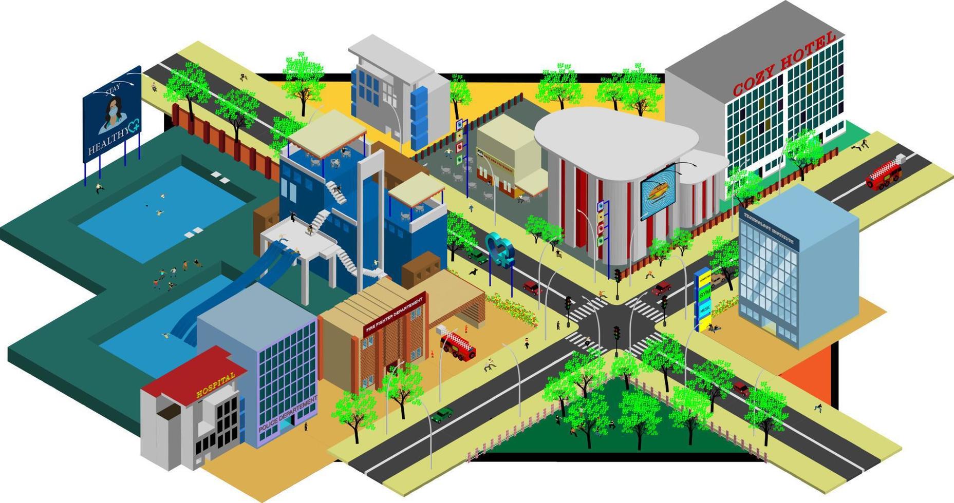 Cityscape cartoon image with isometric drawing style. Super complete icon set of urban lifestyle. Axonometric perspective image with comprehensive symbol activities. vector