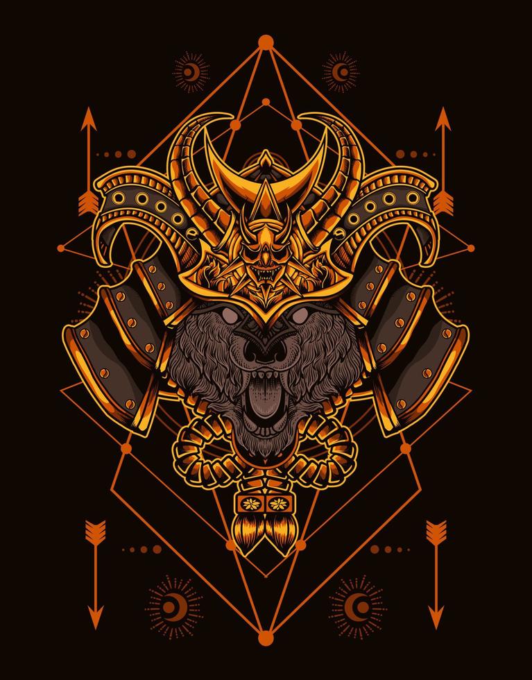 illustration wolf head with samurai helmet vector