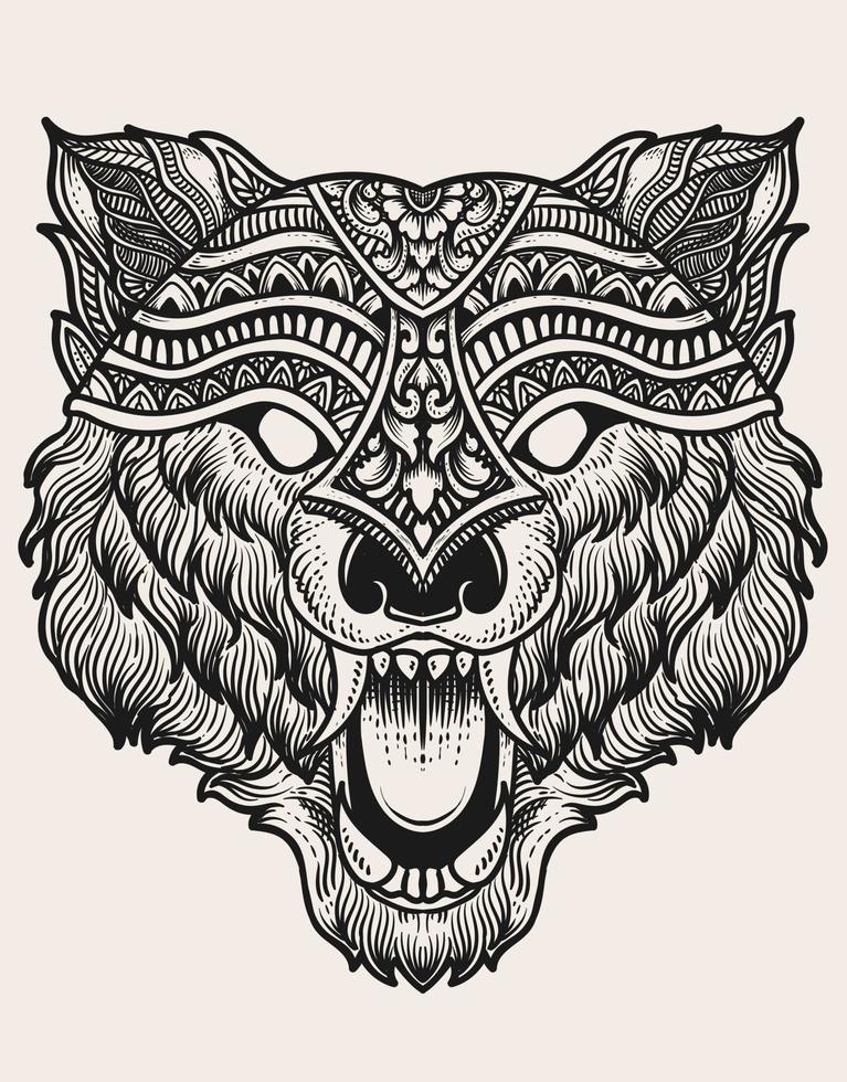 illustration wolf head engraving style with mask vector