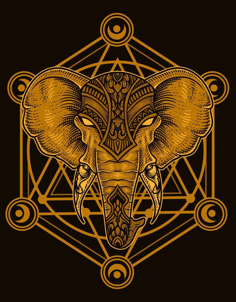 ilustración cabeza de elefante estilo de grabado con geometría sagrada vector