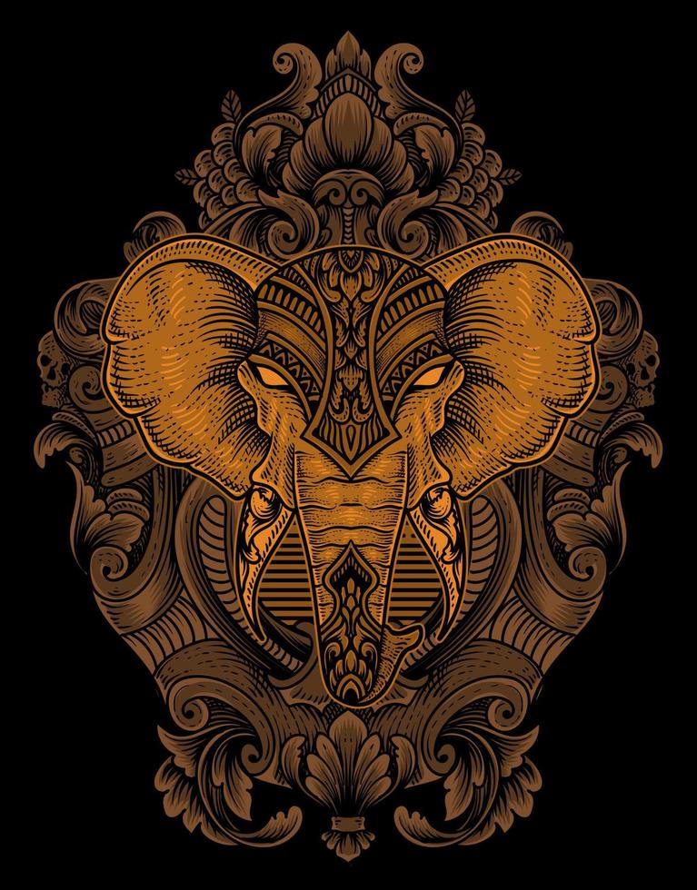 illustration elephant head engraving ornament style with mask vector