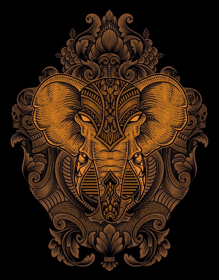 ilustración elefante cabeza grabado ornamento estilo con máscara vector