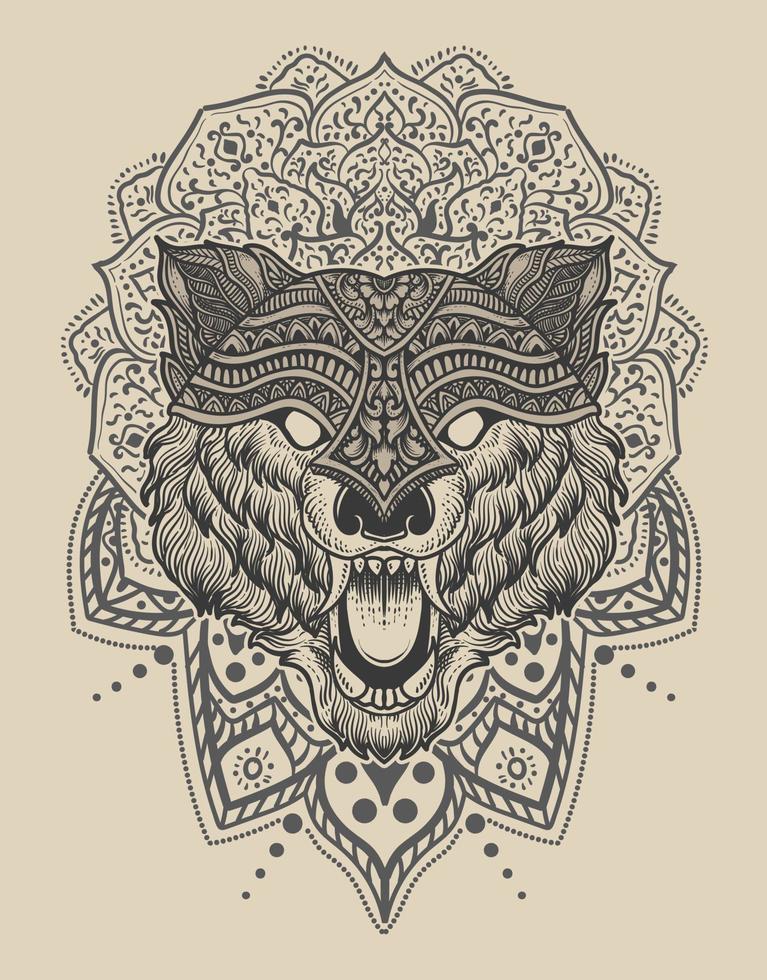 ilustración cabeza de lobo grabado estilo mandala con máscara vector