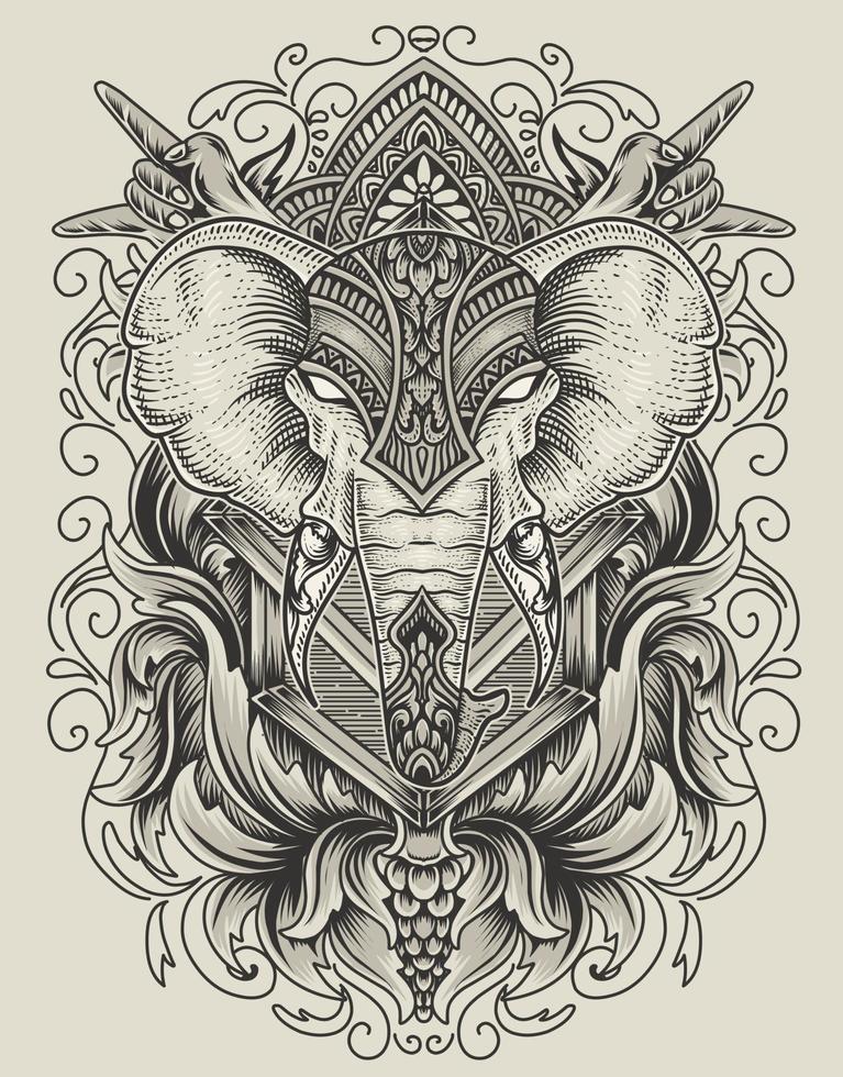 illustration elephant head engraving ornament style with mask vector