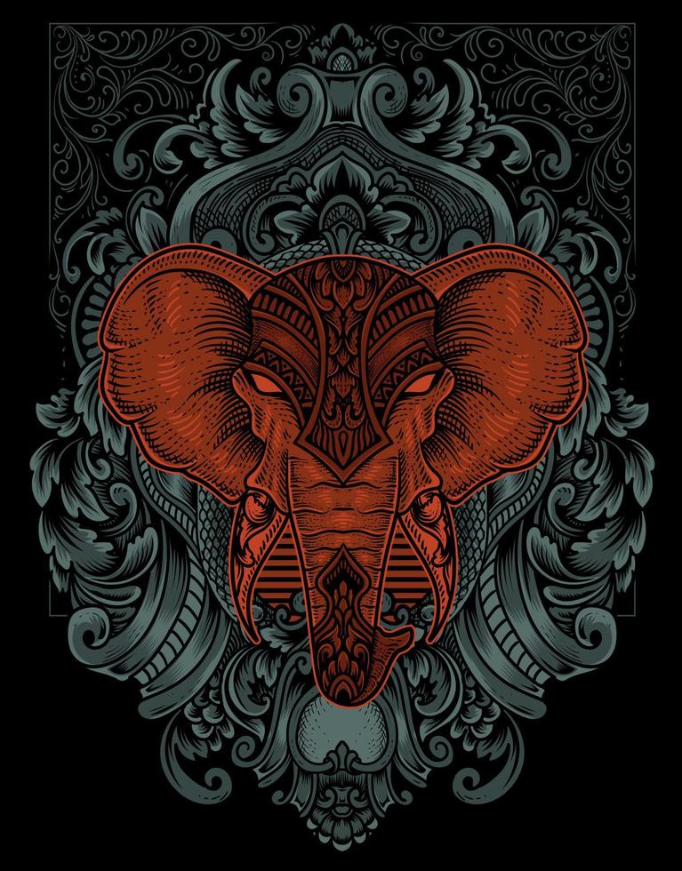 illustration elephant head engraving ornament style with mask vector