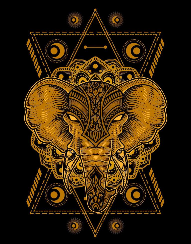 illustration elephant head engraving style with sacred geometry vector