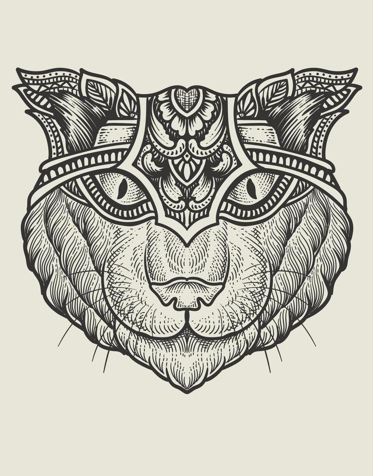illustration cat head engraving style with mask vector