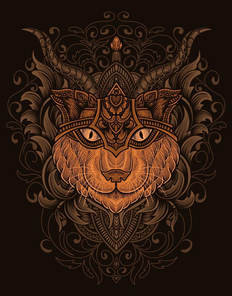 illustration cat head engraving ornament style with mask vector