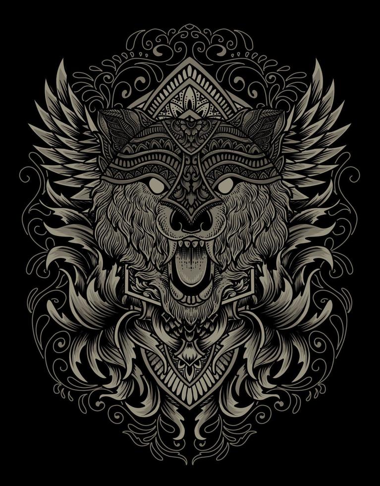 ilustración cabeza de lobo grabado estilo ornamento con máscara vector