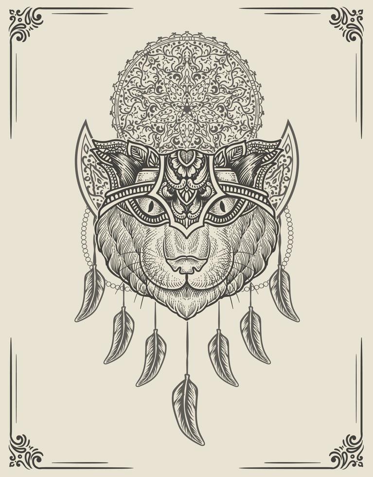 illustration cat head engraving mandala style with mask vector