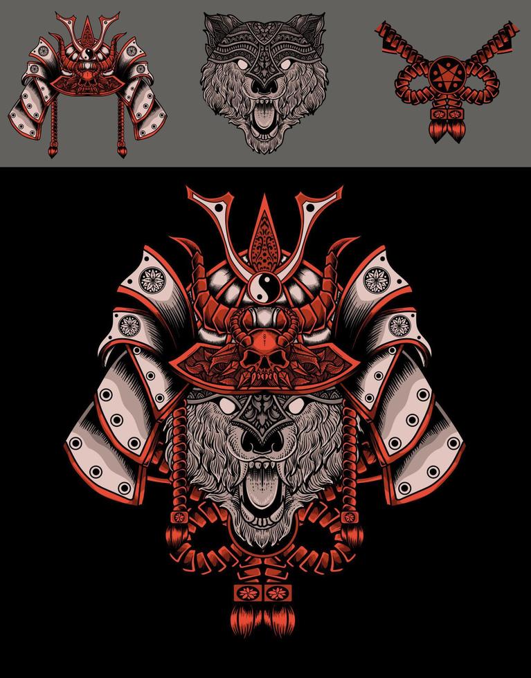 Set illustration wolf head with samurai helmet vector
