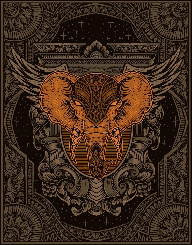 illustration elephant head engraving ornament style with mask vector