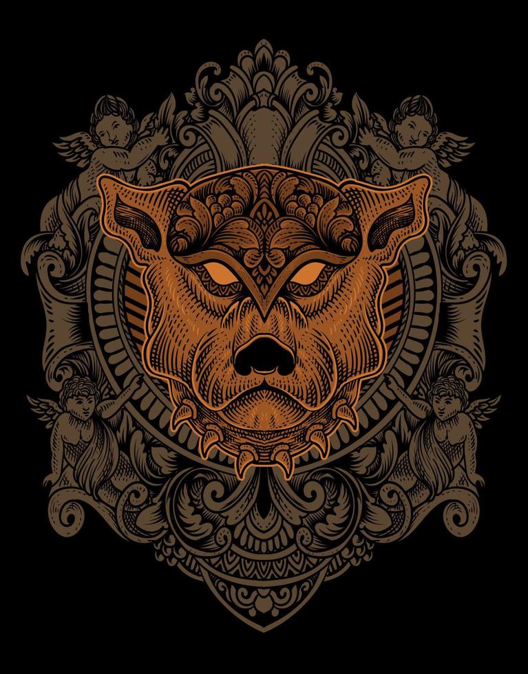 illustration dog head engraving ornament style vector