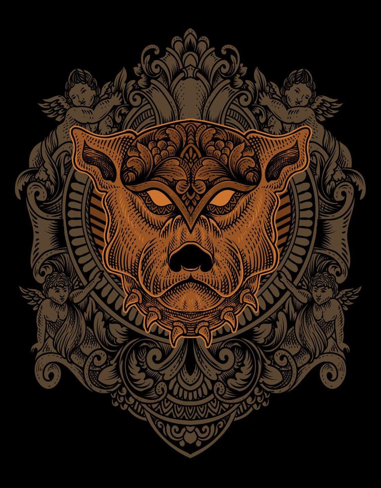 ilustración cabeza de perro grabado ornamento estilo vector