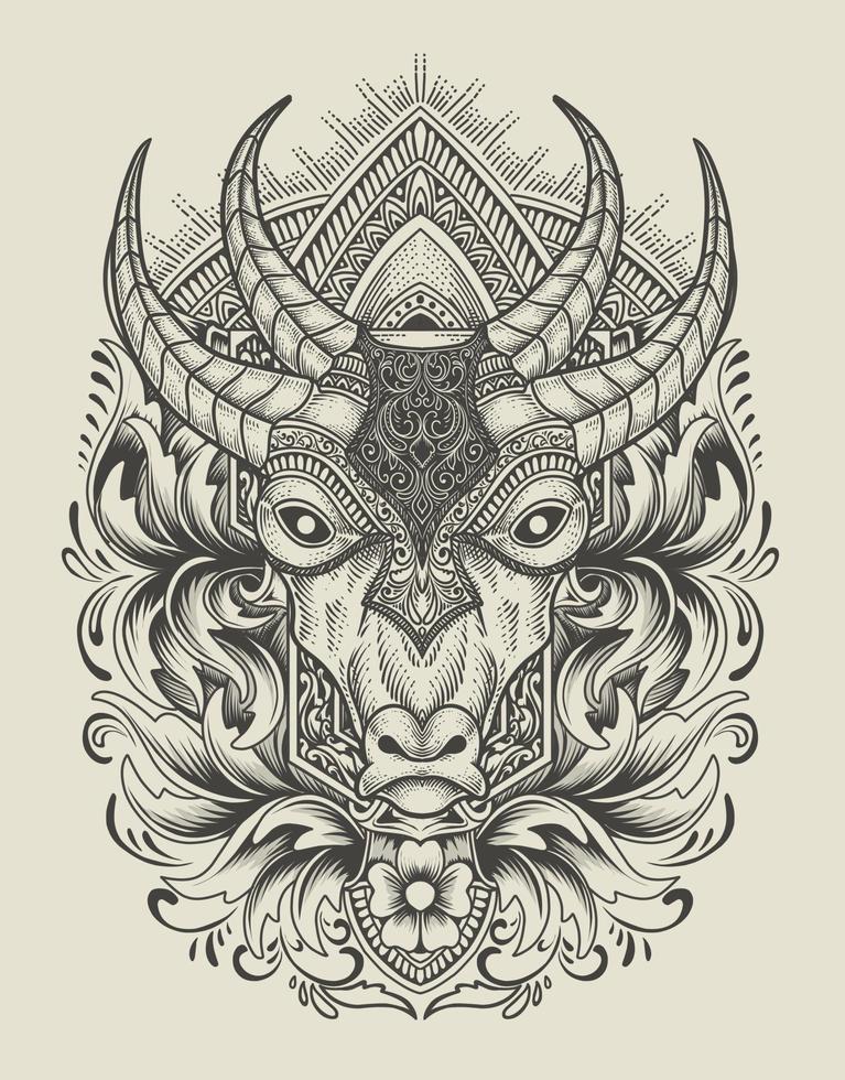 illustration cow head with engraving ornament vector