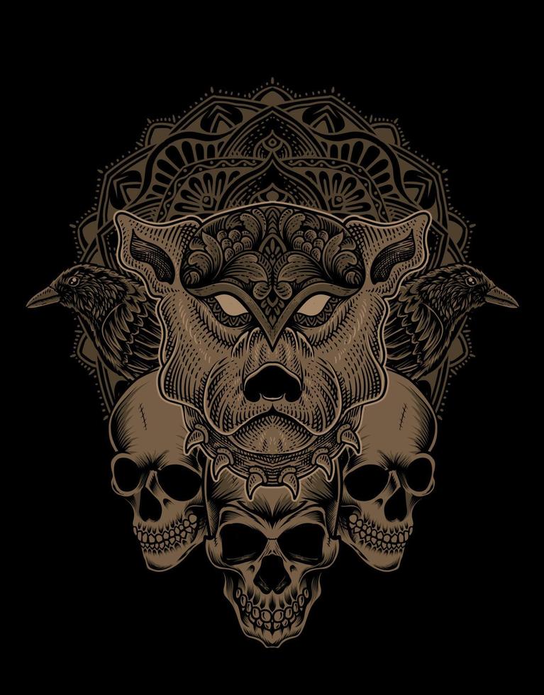 ilustración cabeza de perro grabado estilo mandala con calavera y pájaro cuervo vector