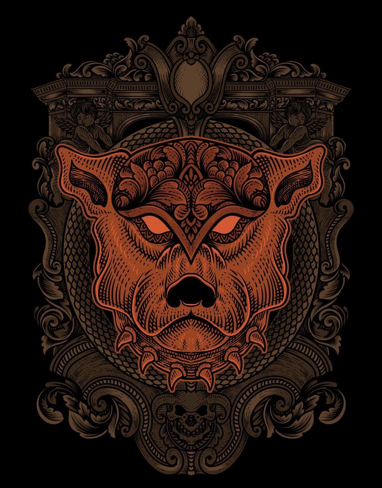 illustration dog head engraving ornament style vector