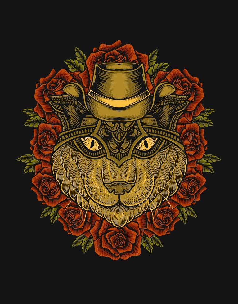 illustration cat head with rose flower vector