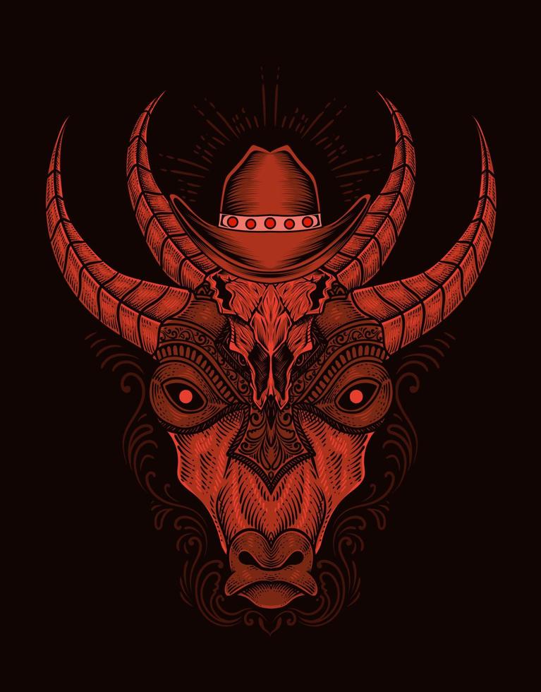 illustration cow head engraving style with mask vector